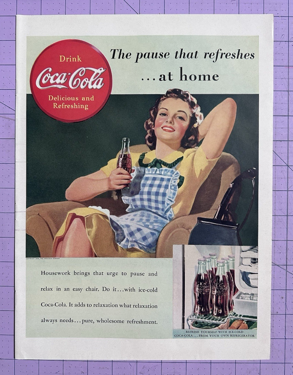 1939 Vintage Coca-Cola Print Ad The Pause That Refreshes at Home